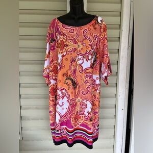 Violet B. Bright Print Polyknit Dress Size 3X EUC Orange/Pink/Yellow/ Red